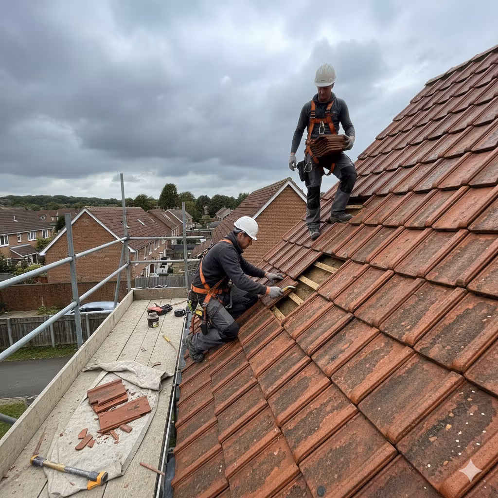 Dach in rostock reparieren lassen und ziegel tauschen.